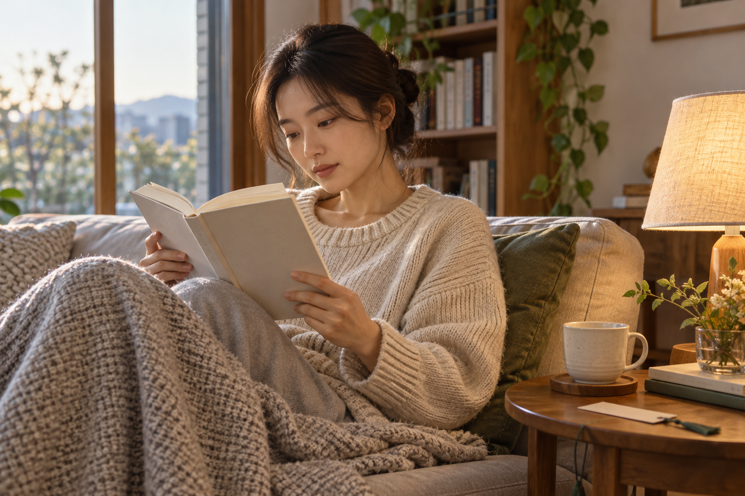 일반 소설책을 읽으며 쉬는 성인 독자 연출